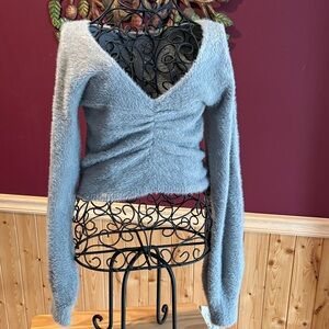 Cozy/Fuzzy Crop Gray V-Neck Sweater